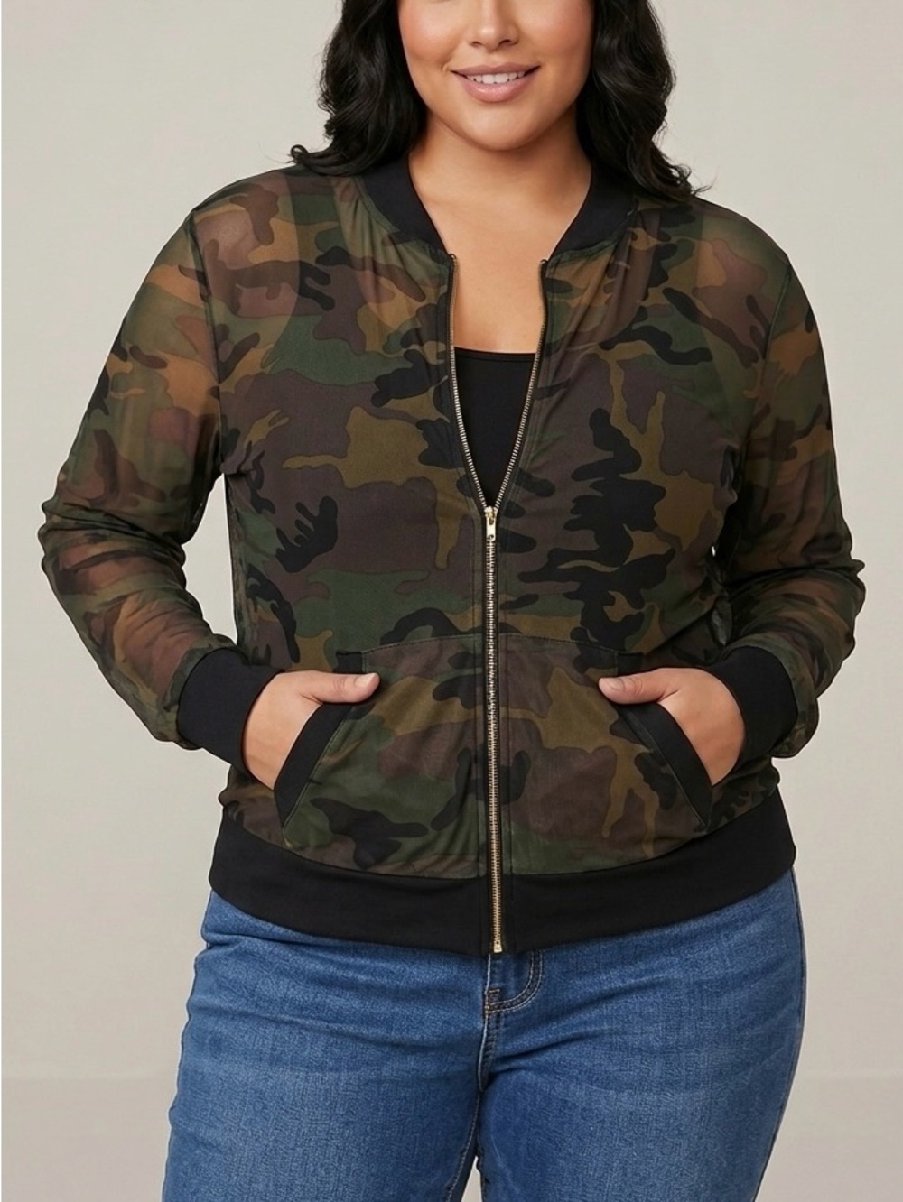BUBBLE B Sheer Mesh Camo Bomber Jacket Army Olive Green Camouflage Plus Size 3X
